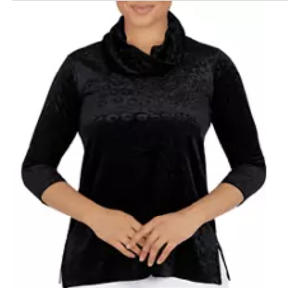 Women's Embossed Velcour Crowl Neck Top Size M Black - Picture 2 of 2